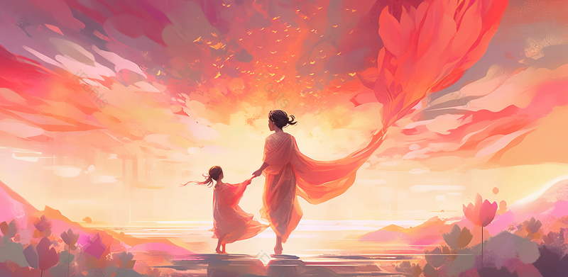 母亲手拉孩子母亲节唯美手绘场景,插画/手绘图,插画/手绘图库,插画/手绘图下载,插画/手绘